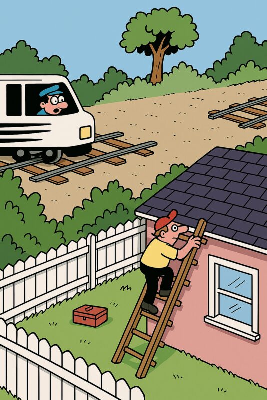 En mand klatrer op ad en stige ved siden af et hus, mens et tog passerer i baggrunden.