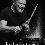 Phil Collins spiller trommer med fokus på ansigt og trommesæt i sort-hvid billede.