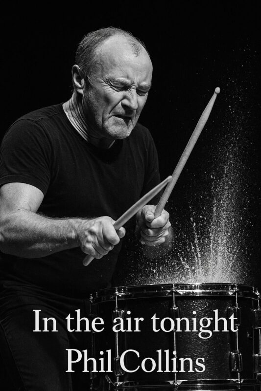 Phil Collins spiller trommer med fokus på ansigt og trommesæt i sort-hvid billede.