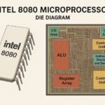 Diagram af Intel 8080 mikroprocessor med komponenter som ALU, kontrolenhed og registerarray.
