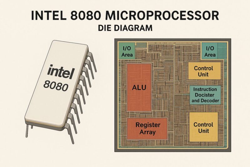 Diagram af Intel 8080 mikroprocessor med komponenter som ALU, kontrolenhed og registerarray.