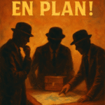 Tre mænd i hat står omkring et kort med en kasse på bordet, oplyst af en orange baggrund.