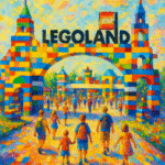 Farverigt maleri af Legoland indgangen med børn, der går ind i parken.