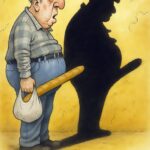 Karikatur af en mand, der holder en baguette og ser på sin skygge, der viser en anden figur.