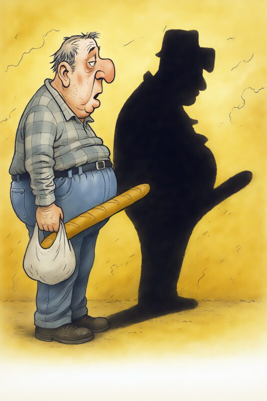 Karikatur af en mand, der holder en baguette og ser på sin skygge, der viser en anden figur.