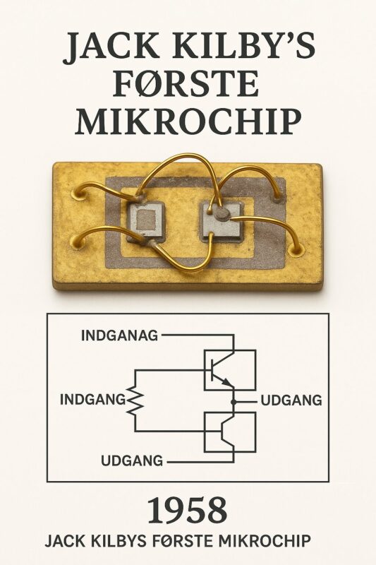 Billede af Jack Kilbys første mikrochip fra 1958 med tilhørende diagram.