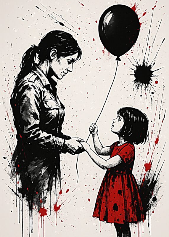 Illustration af en mor, der holder en datters hånd, mens datteren holder en sort ballon.
