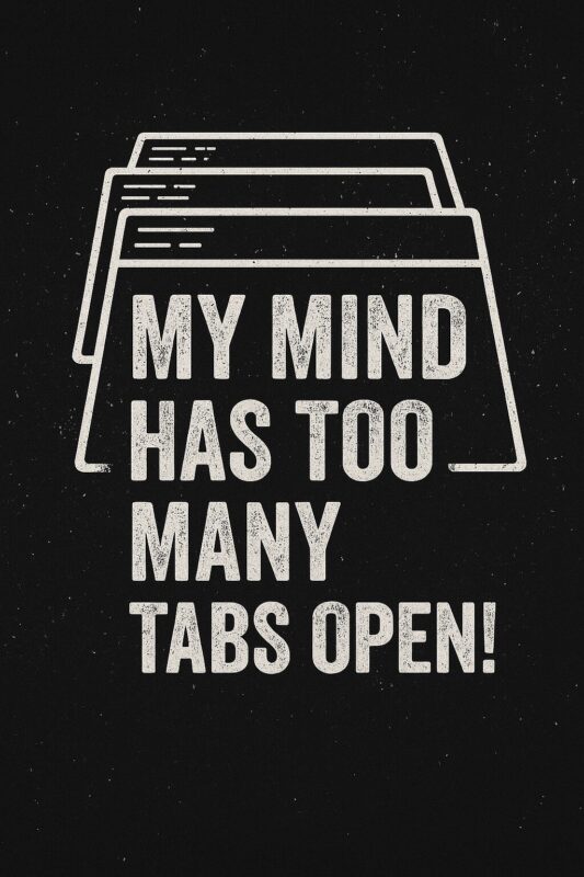 Grafisk illustration med teksten 'My mind has too many tabs open!' på sort baggrund.