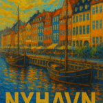 Farverigt maleri af Nyhavn med både og bygninger langs kanalen.