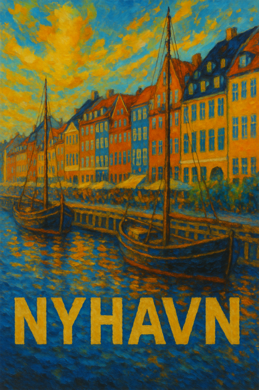 Farverigt maleri af Nyhavn med både og bygninger langs kanalen.