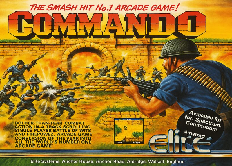 Cover af arcade spillet Commando med en soldat og en baggrund af mure.
