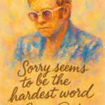 Illustration af Elton John med teksten 'Sorry Seems to Be the Hardest Word' i farverig stil.