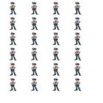 Illustration af flere politibetjente i forskellige positurer, hver iført uniform og hat.