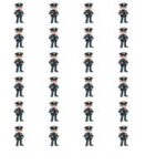 20 små figurer af politimænd i forskellige positurer med uniform og hat.