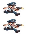 Animeret politibetjent, der løber og affyrer en pistol med vredt ansigt.