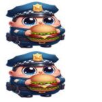 Tegnet figur af en politibetjent med store øjne, der holder en burger i hænderne.