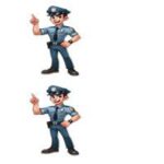 Tegnet politibetjent med uniform og en finger pegende opad, i to forskellige positioner.