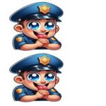 To illustrationer af en glad politibetjent med store øjne og blå uniform.