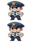 To tegneseriefigurer af politibetjente med uniform og alvorlige ansigtsudtryk.
