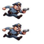 Animeret politibetjent i blå uniform, der løber med en pistol i hånden.