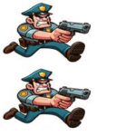 To tegneserieagtige politibetjente, der skyder med pistoler i en dynamisk stilling.