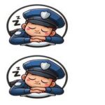 Illustration af en søvnig politibetjent med en blå uniform og en politihat.