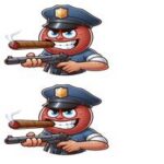 Tegnet figur af en politibetjent med cigar og gevær, iført uniform og hat.