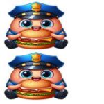 Illustration af en glad politibetjent, der holder en burger i hver hånd.