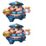 Tegnet politibetjent holder en burger i den ene hånd og pomfritter i den anden hånd.