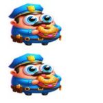Animeret politibetjent i blå uniform holder en donut i hånden.