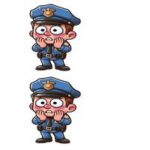 Tegnet figur af en politibetjent med store øjne og overrasket udtryk, iført uniform.