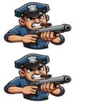 Illustration af en politimand, der holder en pistol og har en cigar i munden.