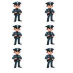 Seks illustrationer af en politibetjent i forskellige positurer, iført uniform og hat.