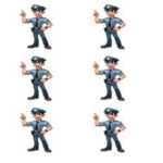 Seks tegneseriefigurer af politimænd, hver med en finger peget opad, i forskellige positurer.