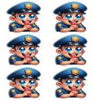 Seks tegneseriefigurer af en glad politibetjent med blå uniform og hat.