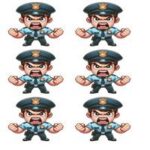 Seks tegneseriefigurer af politibetjente med vredt ansigt og uniform.