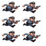Animeret politibetjent, der løber med en pistol i hånden, i en aggressiv position.