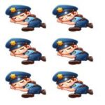 Illustration af en sovende politibetjent i blå uniform med hat, liggende på siden.