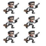 Animeret karakter af en tyv iført stribede tøj med en pistol og en taske.