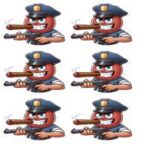 Animeret karakter af en politimand med cigar og pistol, der smiler.
