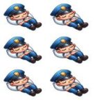 Illustration af en sovende politibetjent med blå uniform og hat, liggende på en pude.