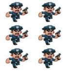 Tecknet politibetjent i uniform, der holder en pistol og ser vred ud.