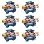 En tegneseriefigur af en politibetjent, der holder en burger og pomfritter i hver hånd.