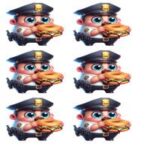 Animeret figur af en politibetjent, der holder en burger i hånden, med store øjne og en uniform.