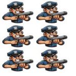 Illustration af en politimand med pistol, der peger fremad, i en tegneserie-stil.