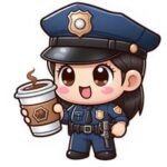 Kawaii tegneseriefigur af en kvindelig politibetjent med en kaffekop i hånden.