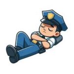 En tegneseriefigur af en sovende politibetjent med uniform og hat, der ligger tilbage med armene over kors.