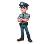 Animeret politibetjent iført blå uniform med krydsede arme og et venligt ansigt.