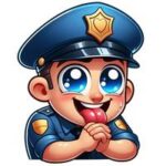 Illustration af en glad politibetjent med blå uniform og stort smil, der stikker tungen ud.