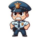 Animeret karakter af en politibetjent med uniform og hat, der står med hænderne på hoften.